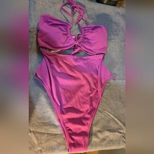 Purple High Cut Ribbed One-Piece Swimsuit